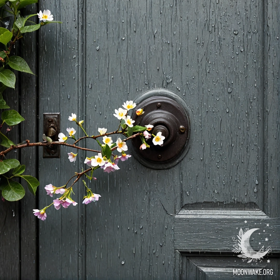 A weathered door adorned with twigs and flowers on the handle, framed by rain.