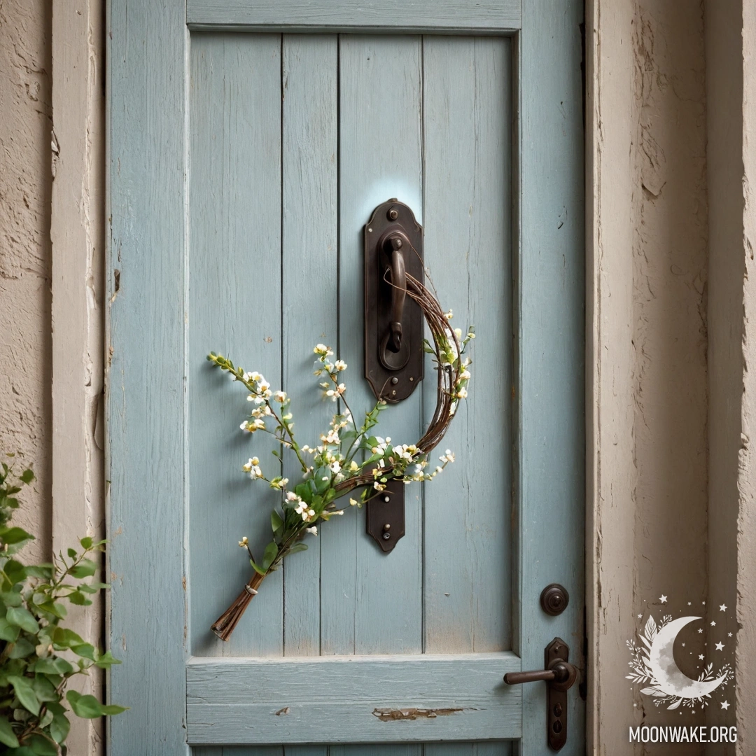 Calm Shabby Door with Floral Handle A shabby door adorned with twigs and flowers on the handle, bathed in soft sun rays.
