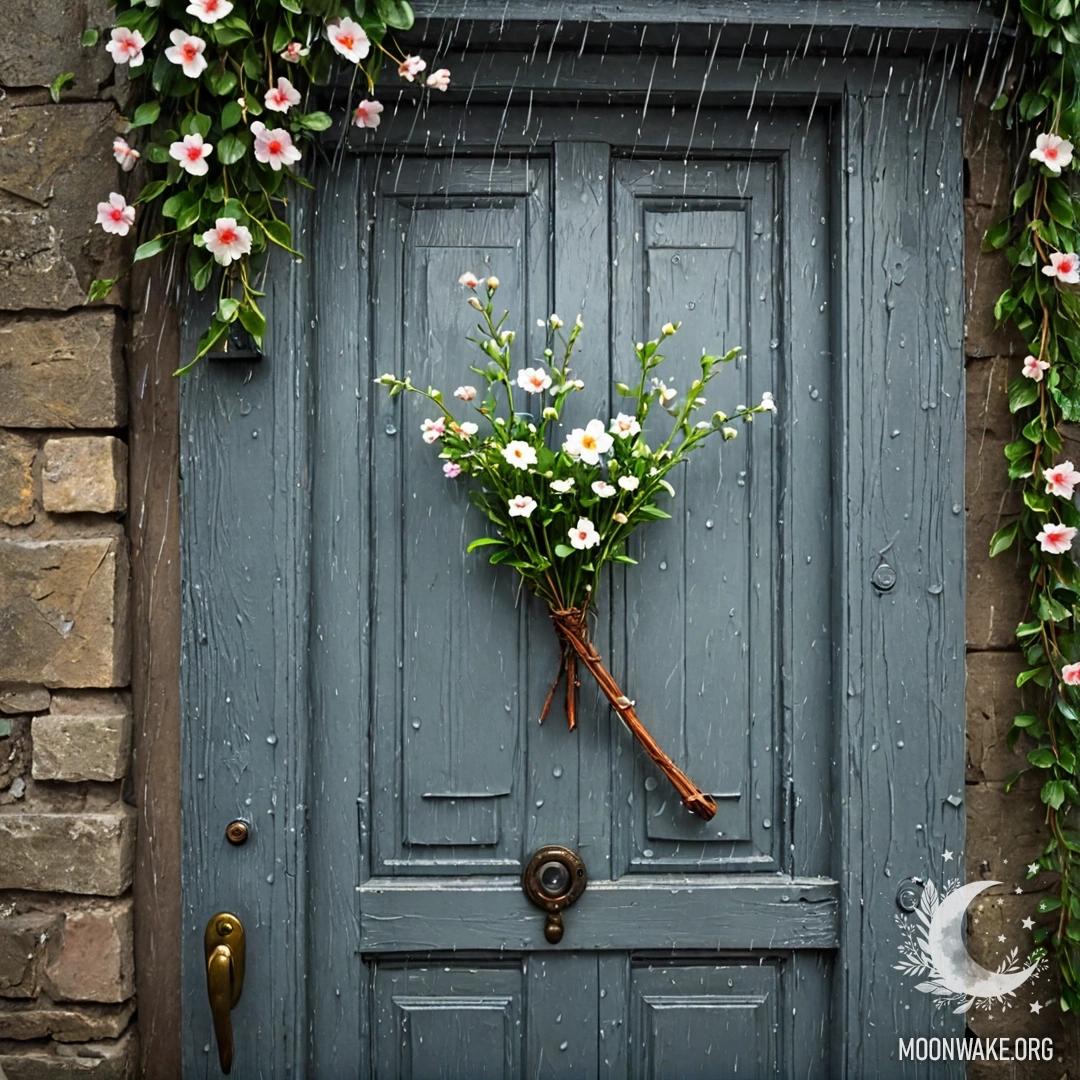 A weathered door adorned with twigs and flowers under the rain.