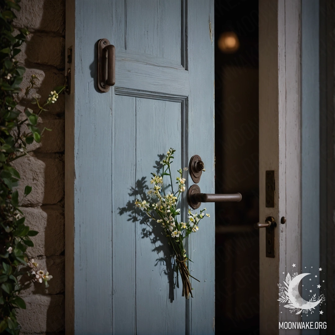 An old, weathered door adorned with twigs and flowers on the handle in a nighttime scene.