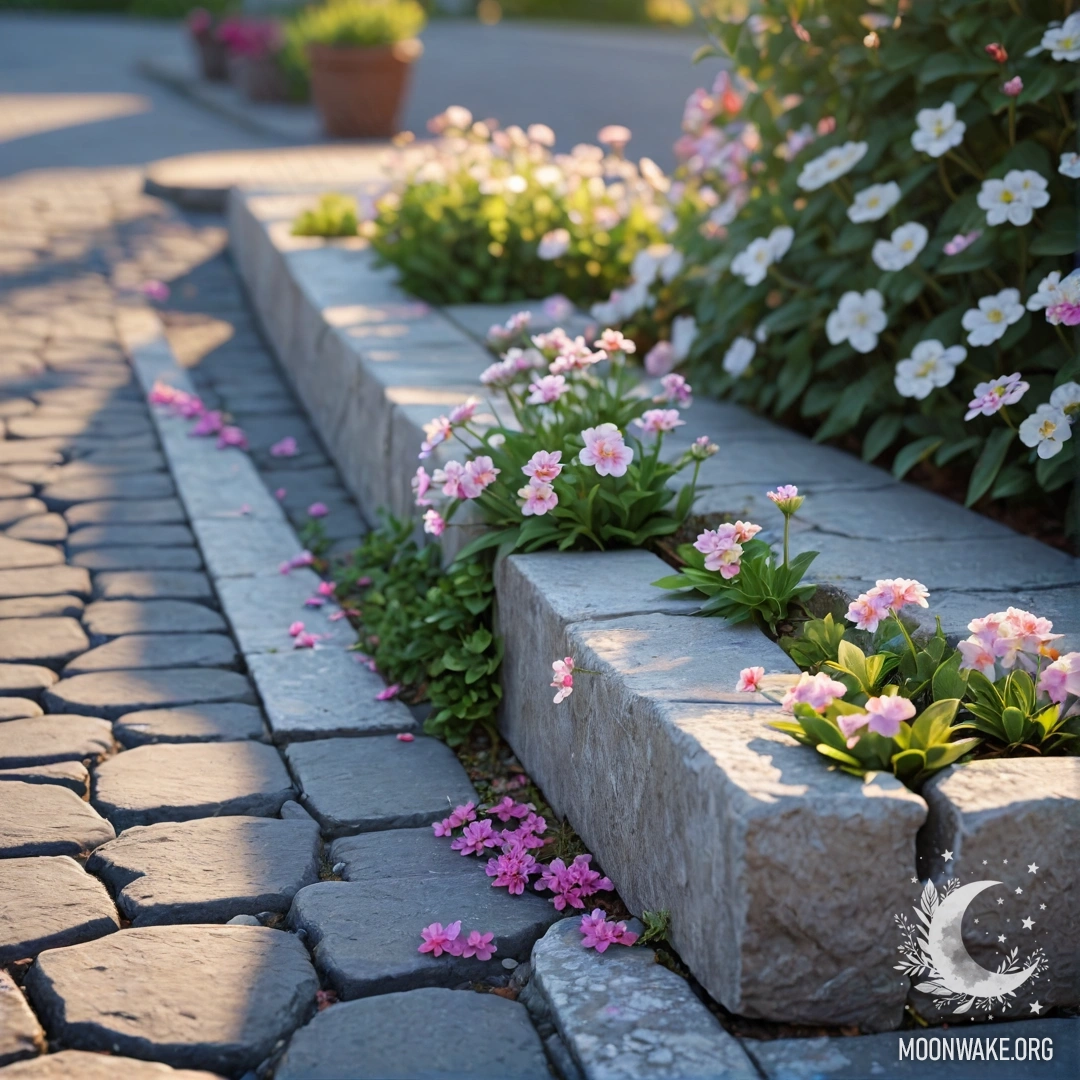 A shabby stone curb with small white and pink flowers behind it during sunset.
