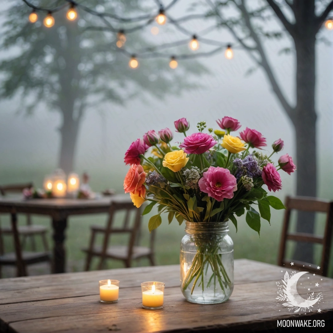 A shabby wooden table with a jar of flowers and a light garland bokeh in the background shrouded in mist.