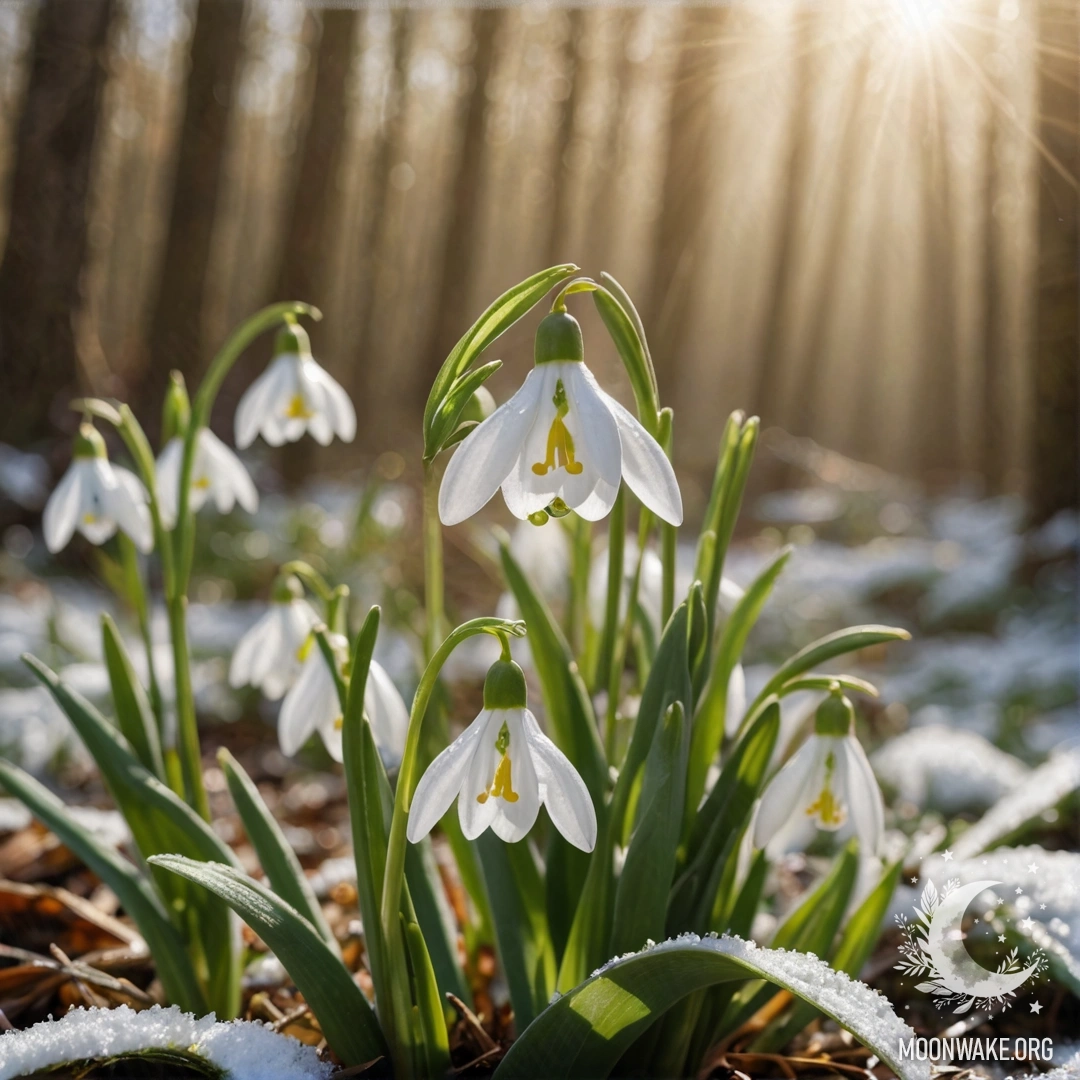 A delicate snowdrop flower set against a golden background with rays of sunlight, adorned with a fine web.