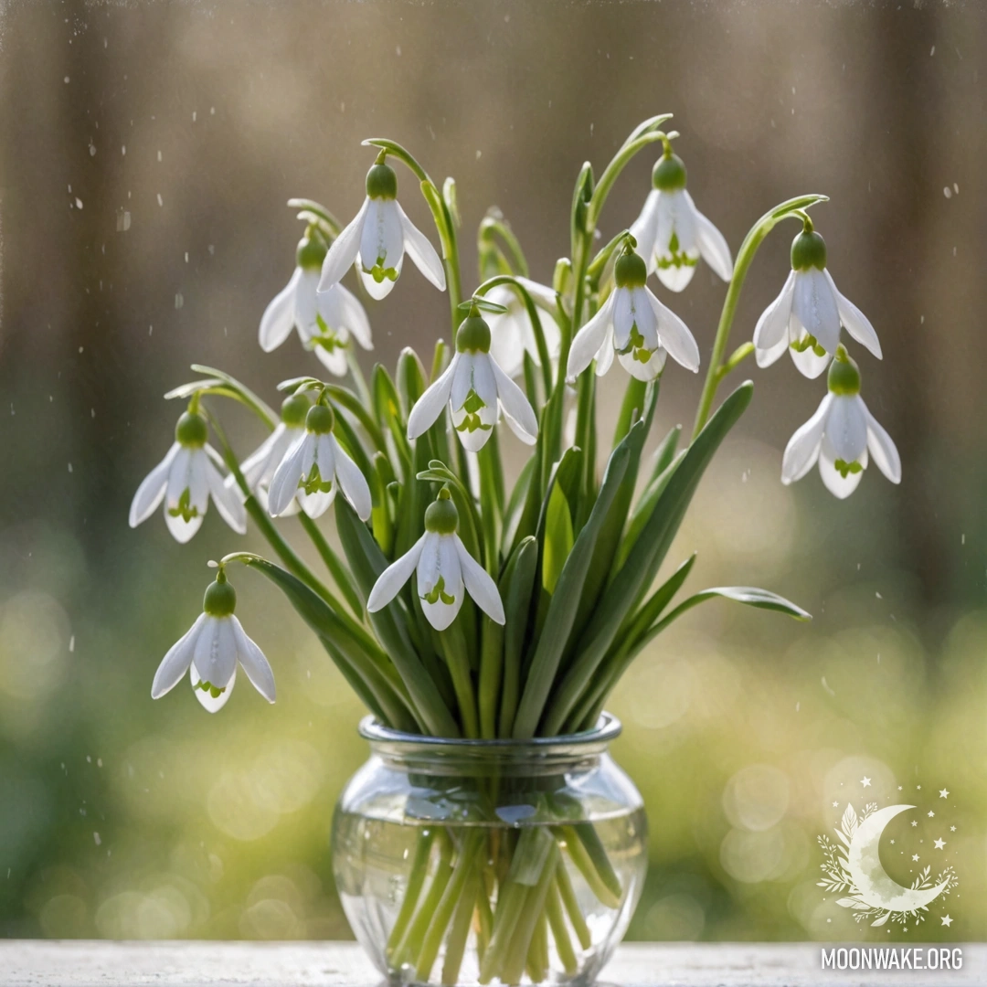 A calm snowdrop flower placed in a pastel-colored vase, illuminated by sunny rays.