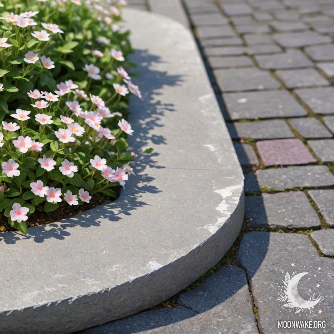 A shabby stone curb with small white and pink flowers growing behind it.