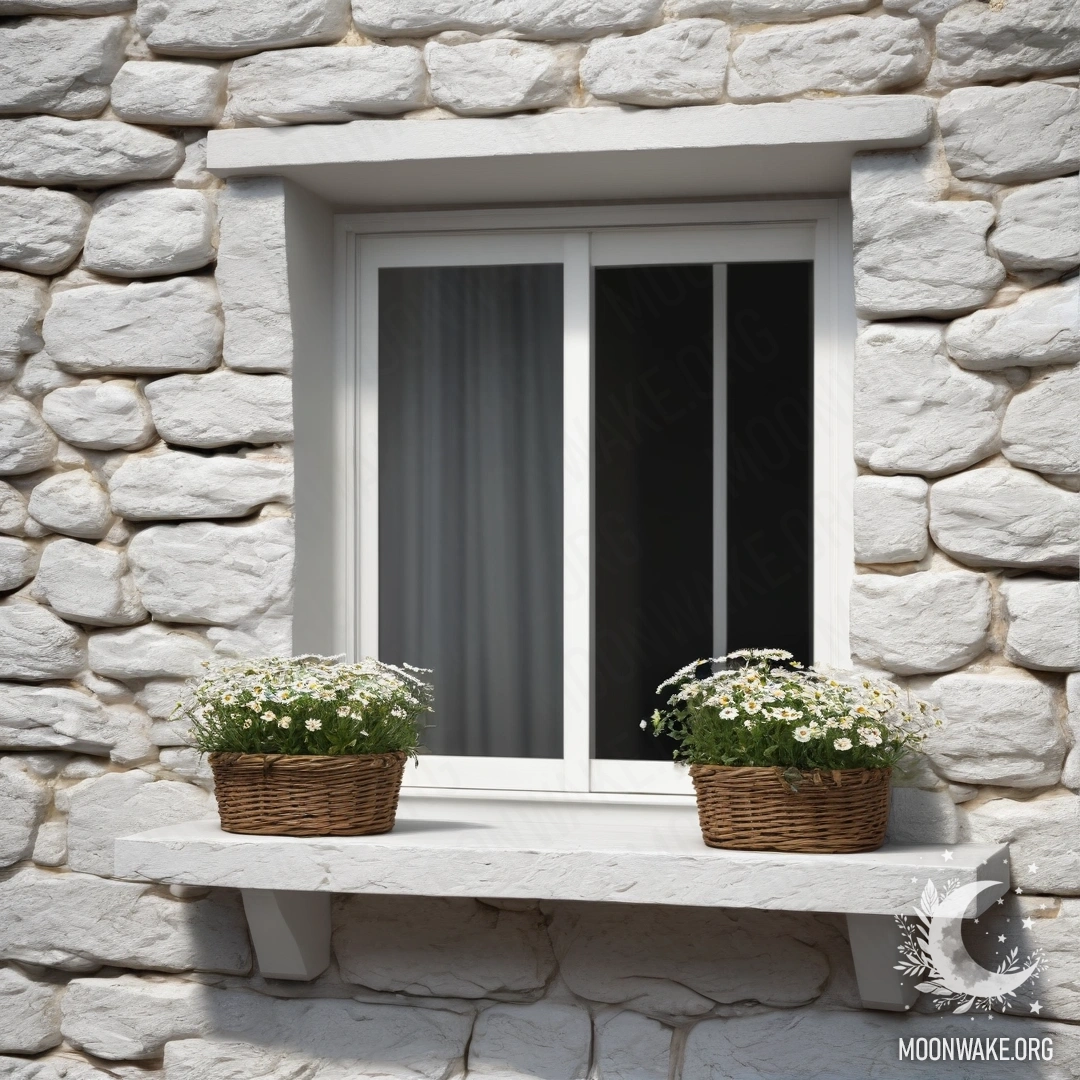 A calm white stone wall with an open window, and a basket of daisies on the windowsill.