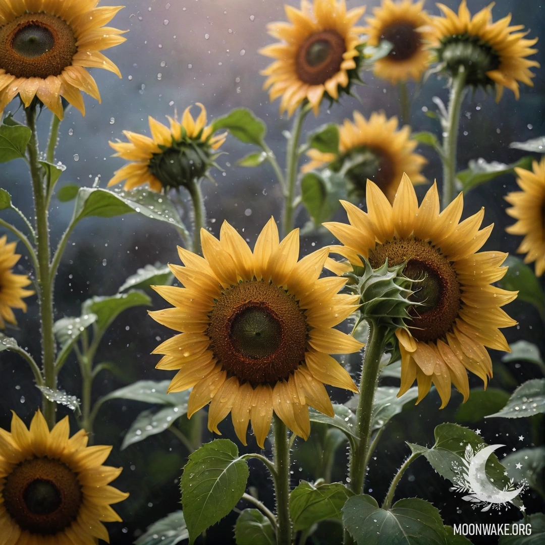 Calm Sunflowers with Dew Drops at Night Serene night scene featuring sunflowers adorned with glistening dew drops.