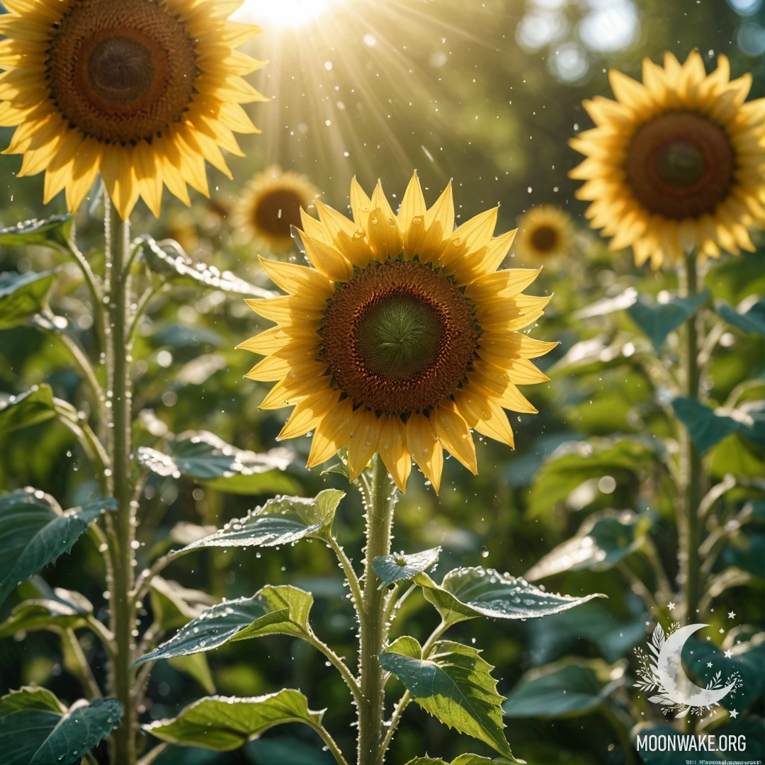A serene arrangement of sunflowers adorned with dew drops, set against a soft olive background, in anime art style.