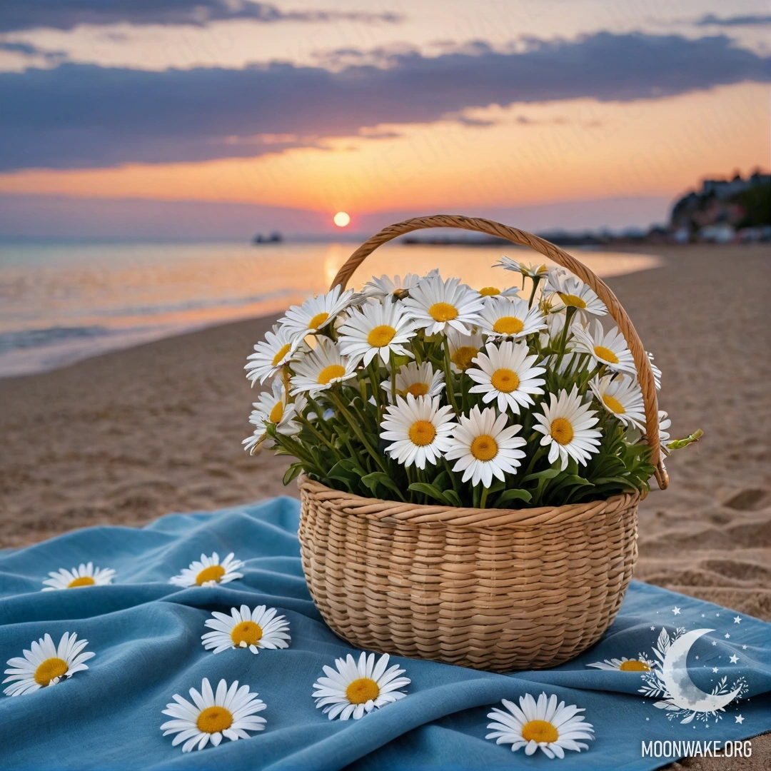 Calm Sunset at the Beach A straw bag with a blue tablecloth and daisies on a sandy beach at sunset, overlooking the sea.