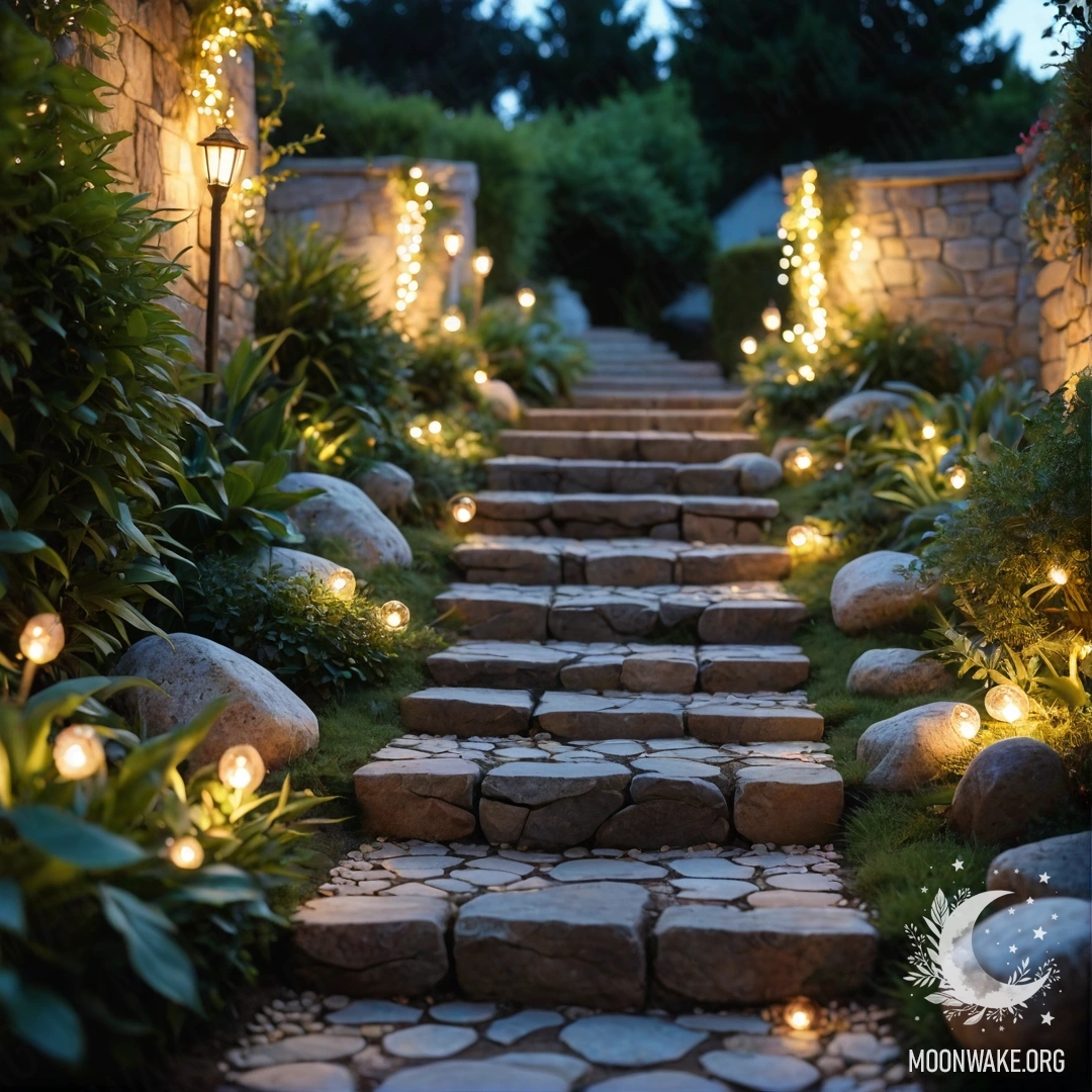Calm Sunset Garden Path A serene garden path with stones and a wooden staircase adorned with light garlands at sunset.