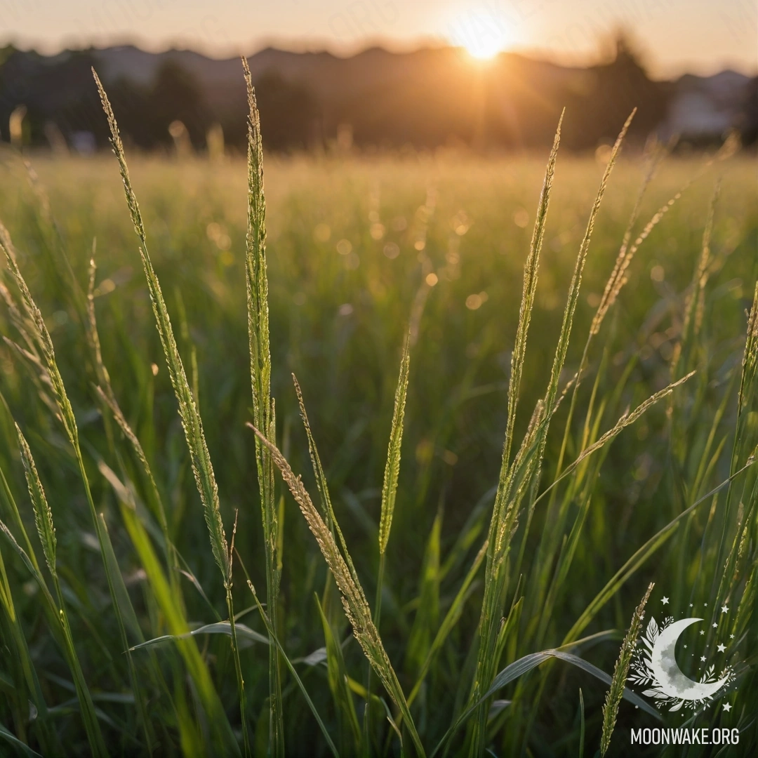 Calm Sunset Over a Grass Field Close-up of grass in a serene field, illuminated by soft bokeh sunset lights.