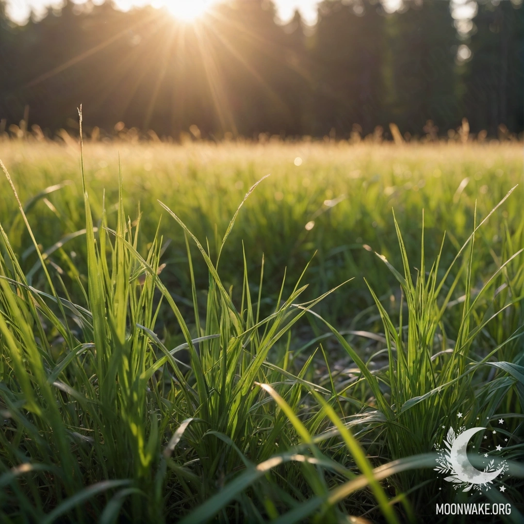 Close-up of grass with a bokeh forest background and sun rays.