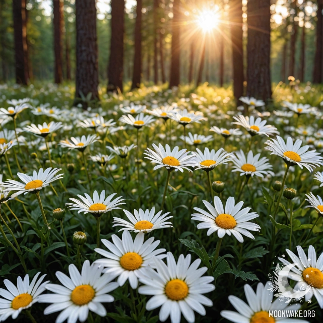 Tranquil Sunset Through Forest Trees Sunset light filtering through trees in a forest with daisies in close-up.
