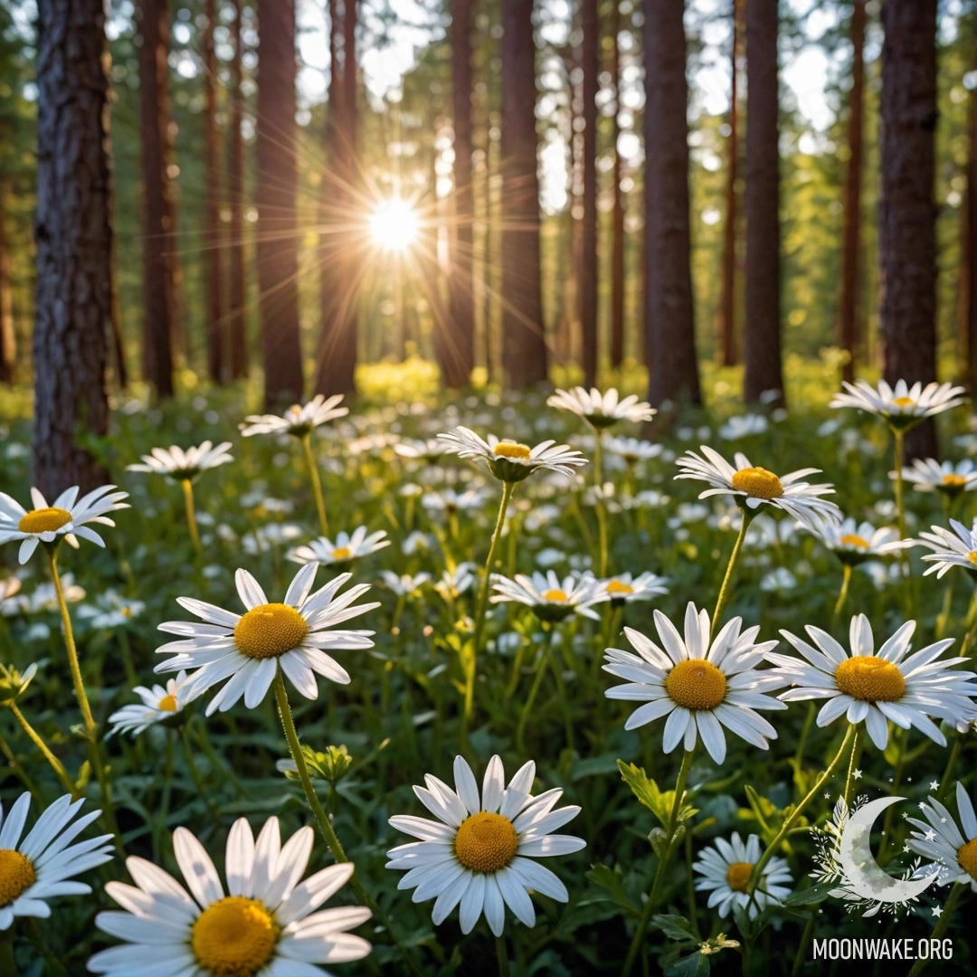 Calm Sunset through Forest Trees Close-up of daisies illuminated by sun rays at sunset in a forest.