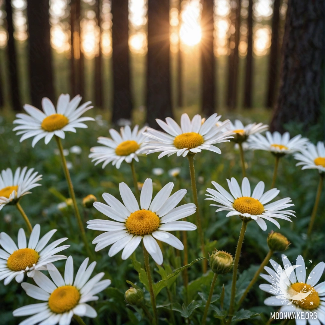 Close-up of daisies illuminated by the sun's rays in a forest during sunset.