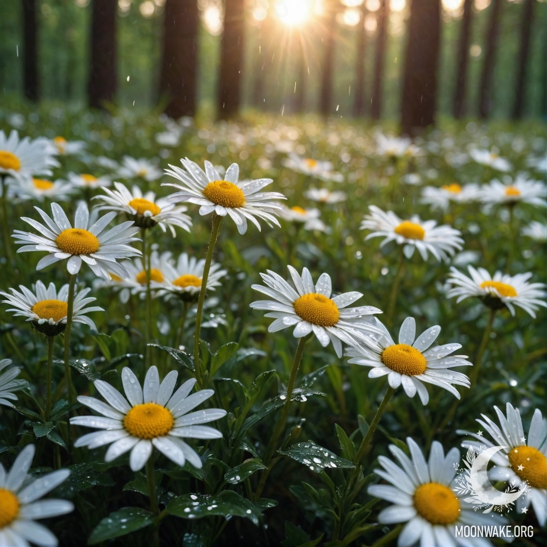 A close-up view of delicate daisies under a gentle rain, with the sun setting through the trees in the background.