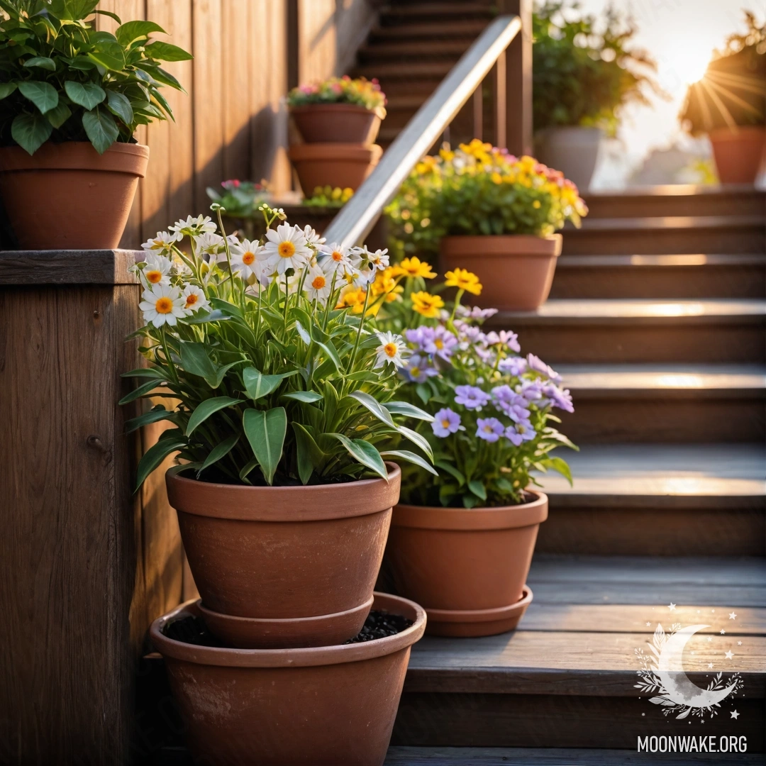 A serene wooden staircase adorned with flowerpots during sunset.