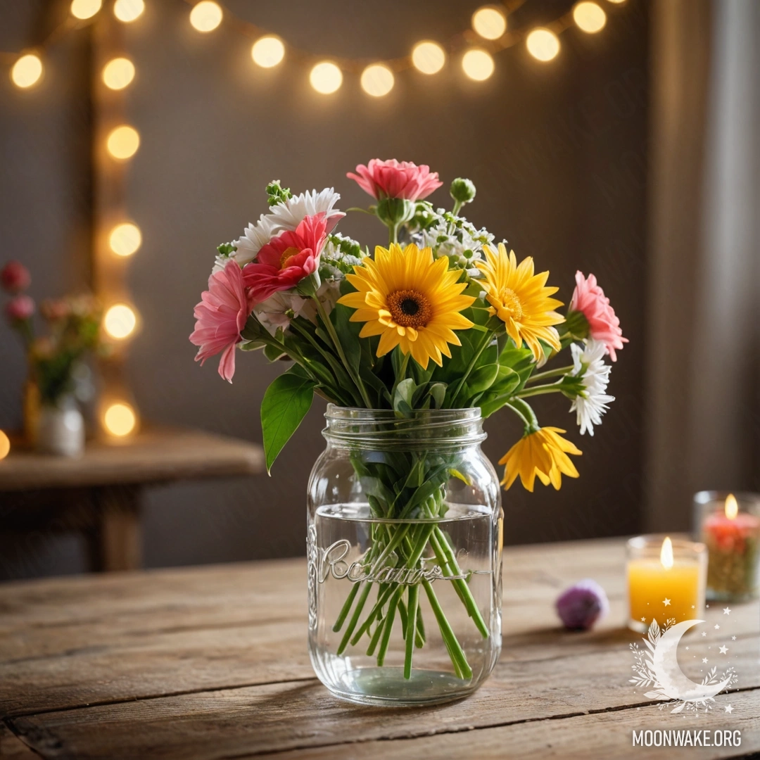Calm Table with Bouquet and Bokeh Lights A shabby wooden table with a jar of flowers and a soft bokeh background