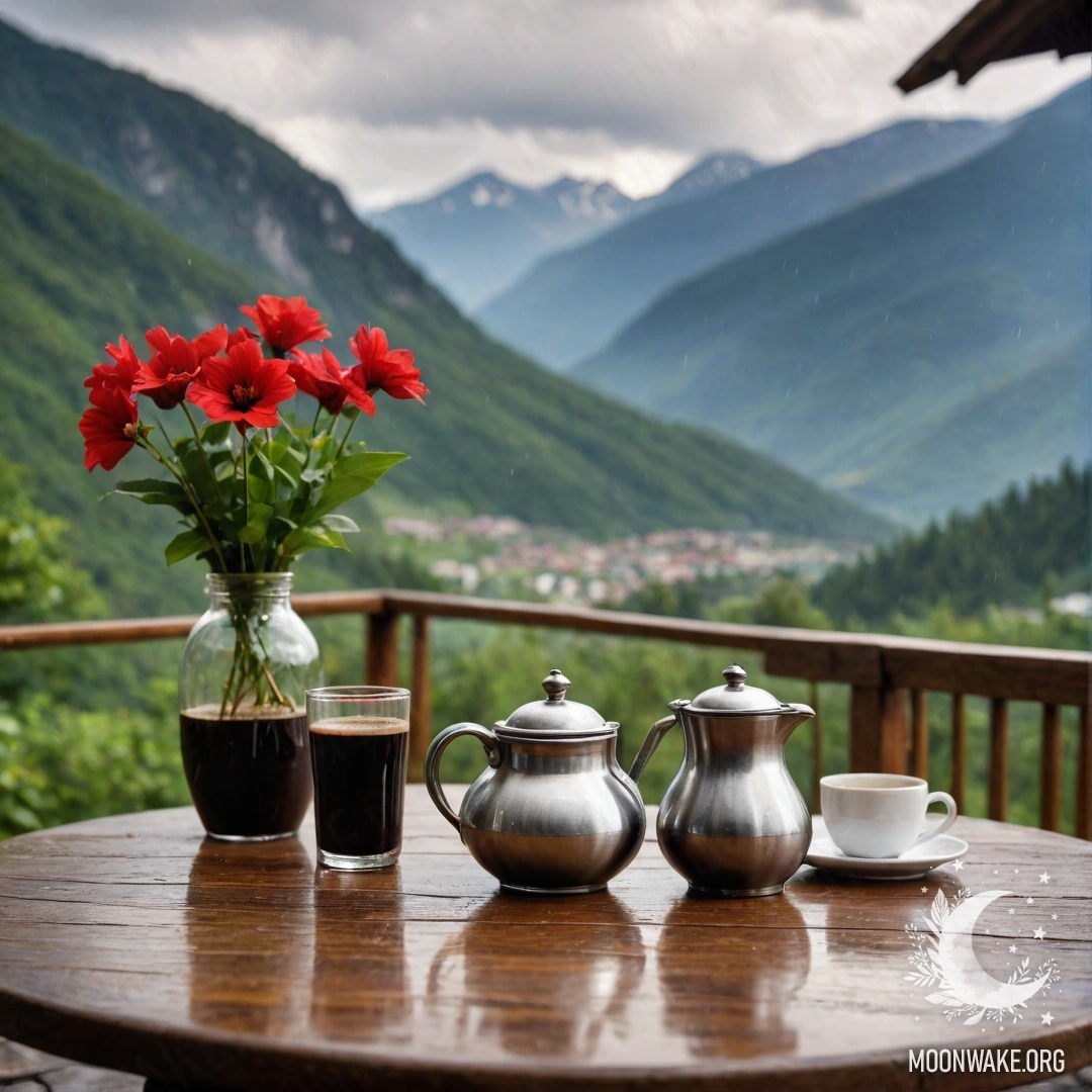 A wooden table with red flowers, a coffee pot, and cups in the rain, with mountains in the background.