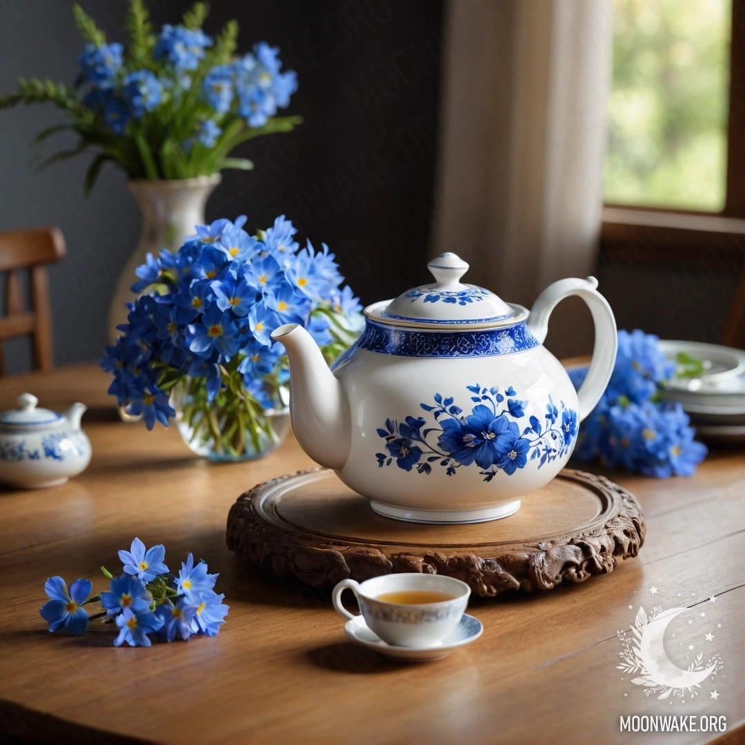 A serene setting featuring a round wooden table with a porcelain teapot filled with blue flowers and garland lights.