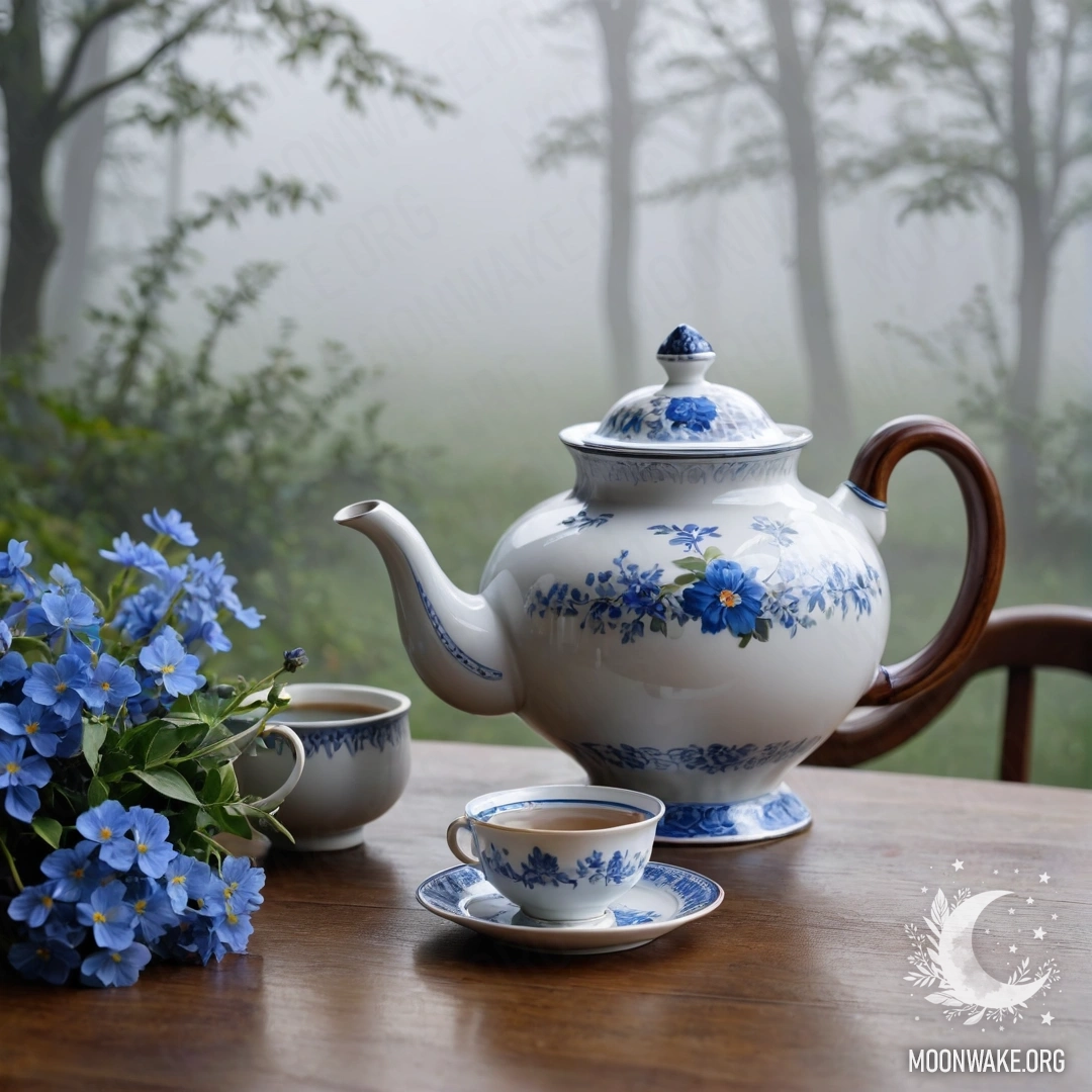Calm Teapot with Blue Flowers in Mist A round wooden table holding a porcelain teapot with blue flowers, enveloped in thick fog.