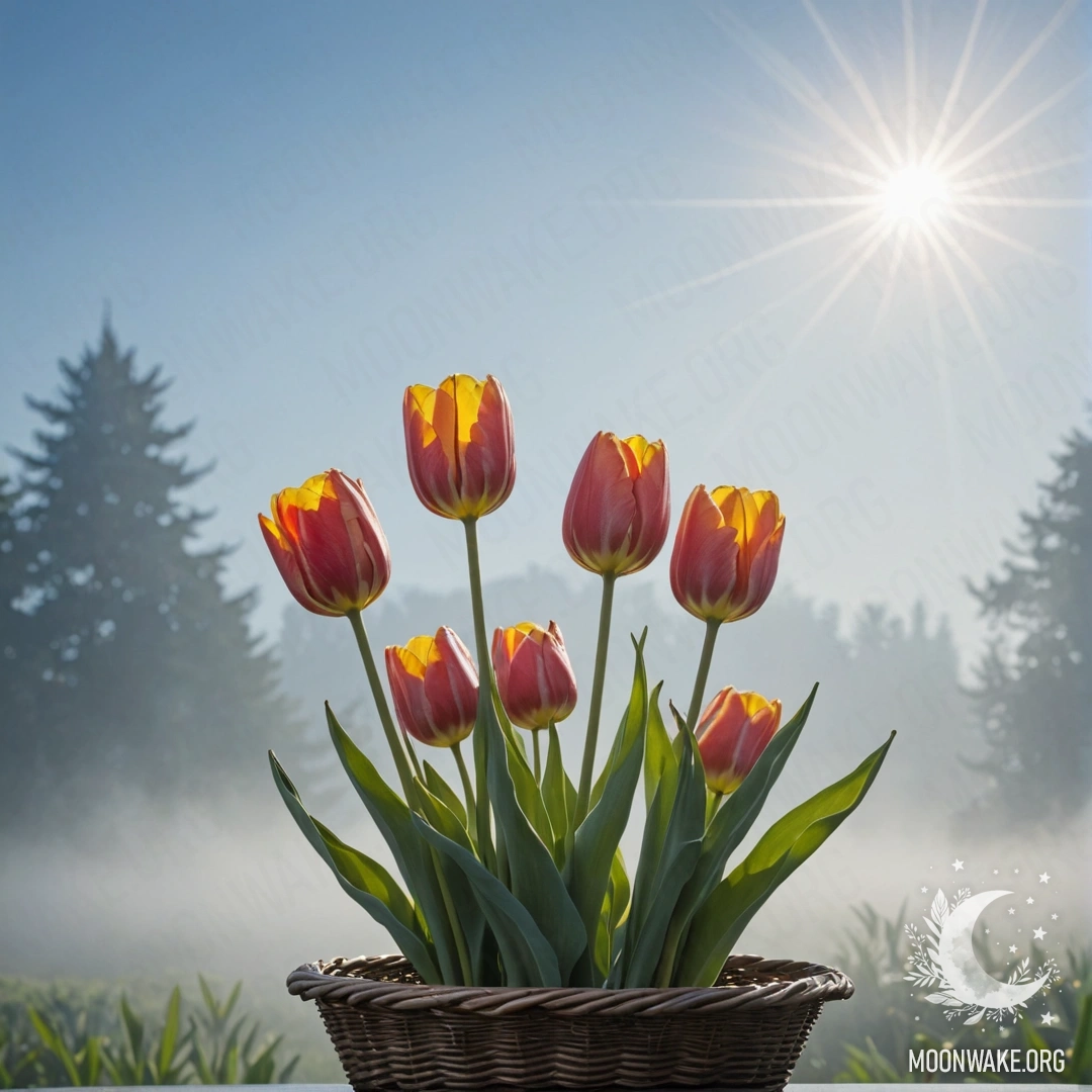 A calm tulip basket in soft fog with sunny rays illuminating it.