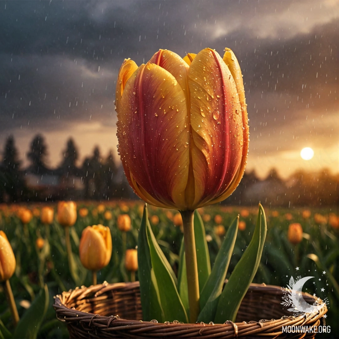 A serene tulip in a golden basket, drenched in soft rain during sunset.