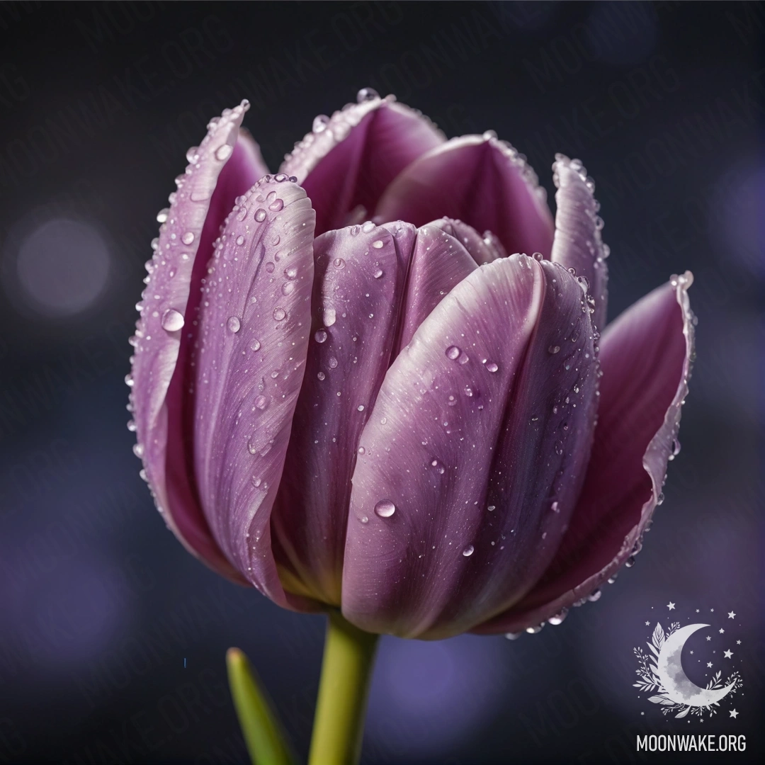 A calm tulip with dew drops in lavender tones against a night sky.
