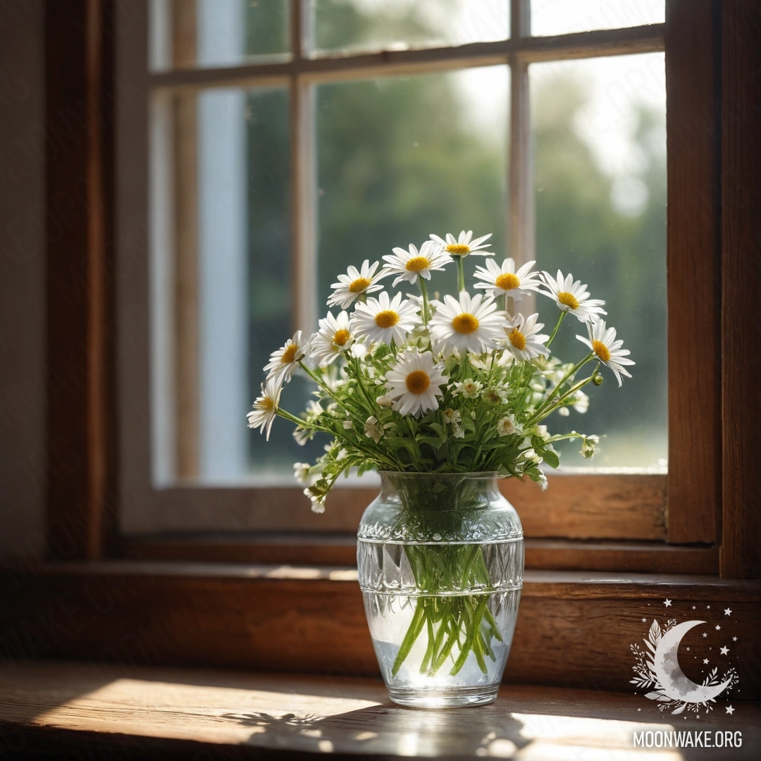 A glass vase with daisies on a wooden vintage windowsill with sun rays.