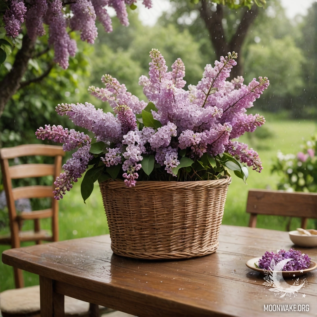Calm Vintage Garden Table with Lilacs A vintage wooden table with a basket of lilacs in a garden under the rain.