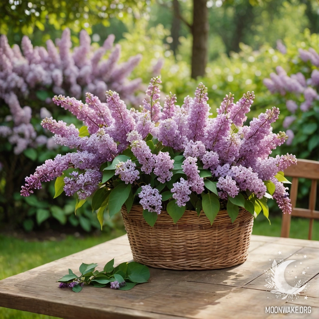 A vintage wooden table with a basket of lilacs in a green garden.
