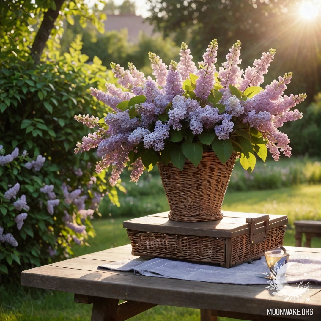 A vintage wooden table with a basket of lilacs in a serene garden at sunset.