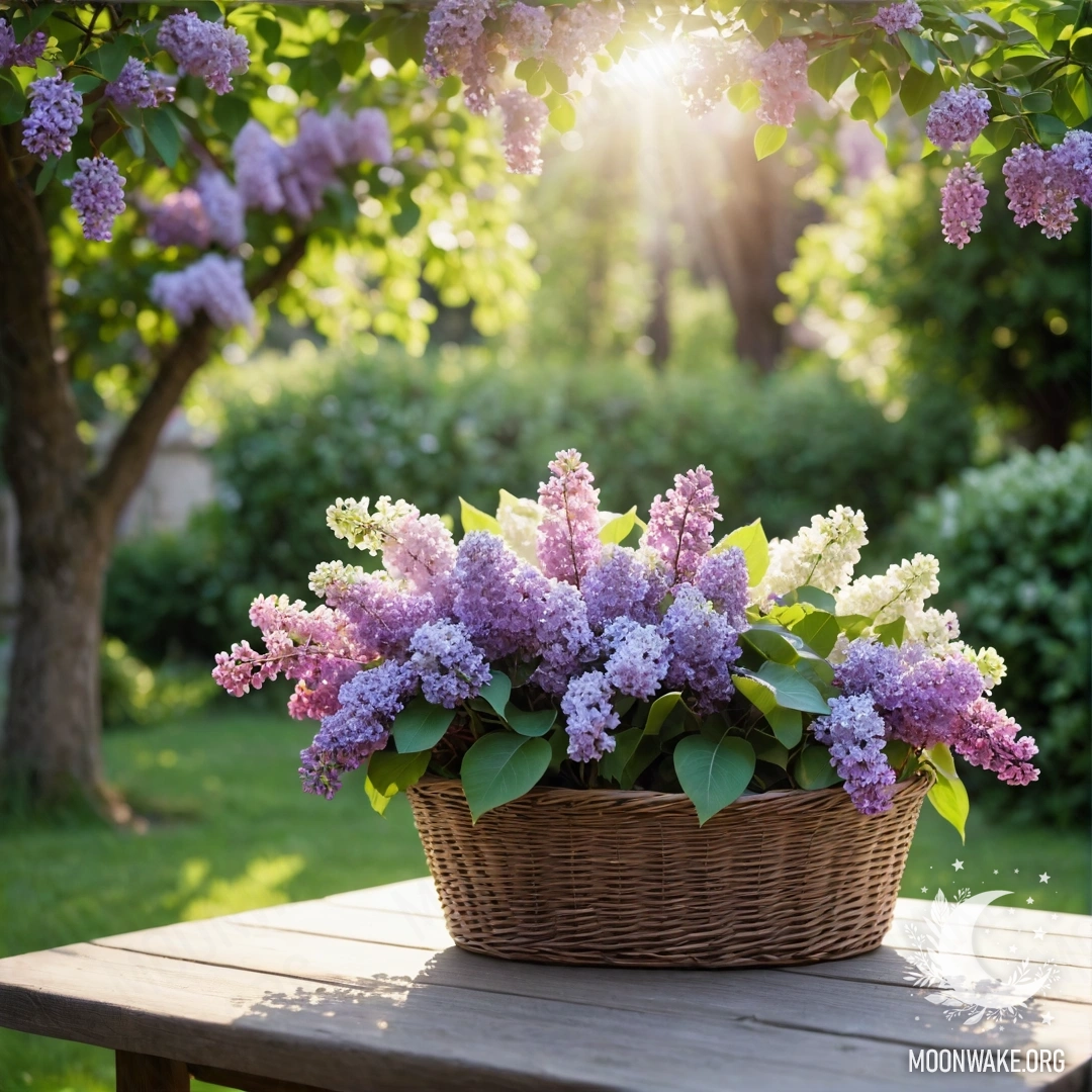Calm Vintage Table with Lilacs A vintage wooden table in a garden with a basket of lilacs and garland lights.