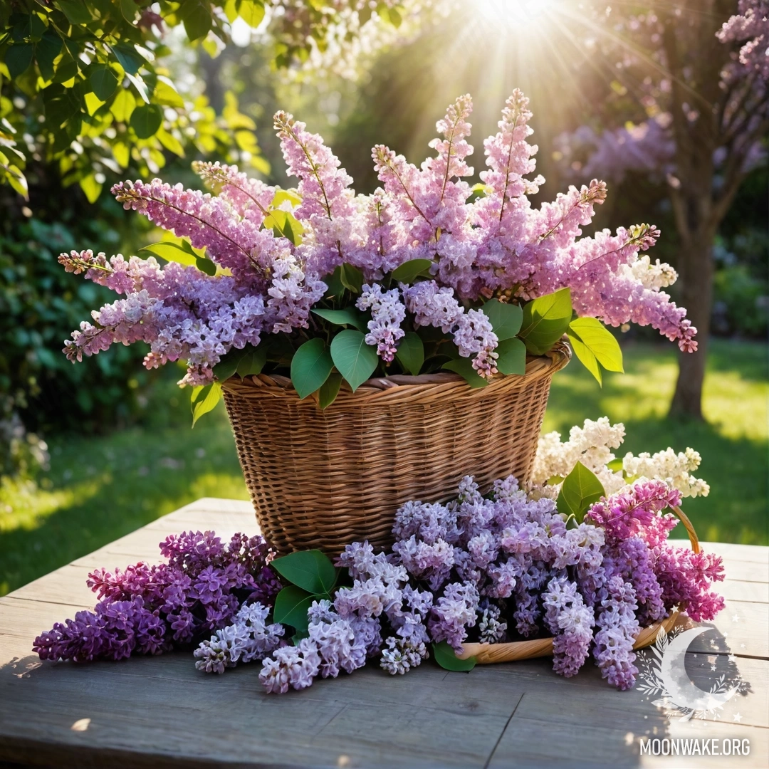 Calm Vintage Table with Lilacs A vintage wooden table with a basket of lilacs in a sunny garden
