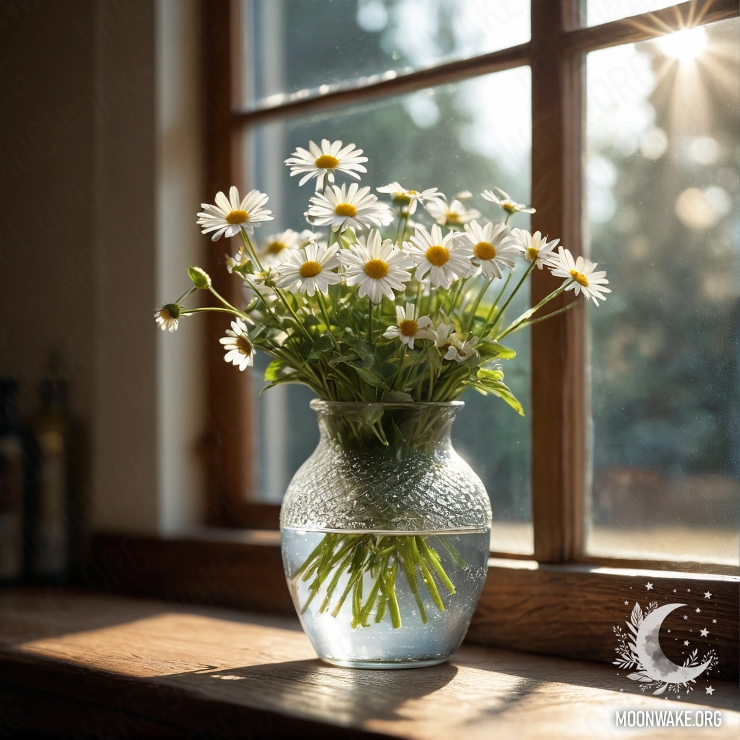 A glass vase filled with daisies sits on a wooden vintage windowsill, illuminated by sun rays.