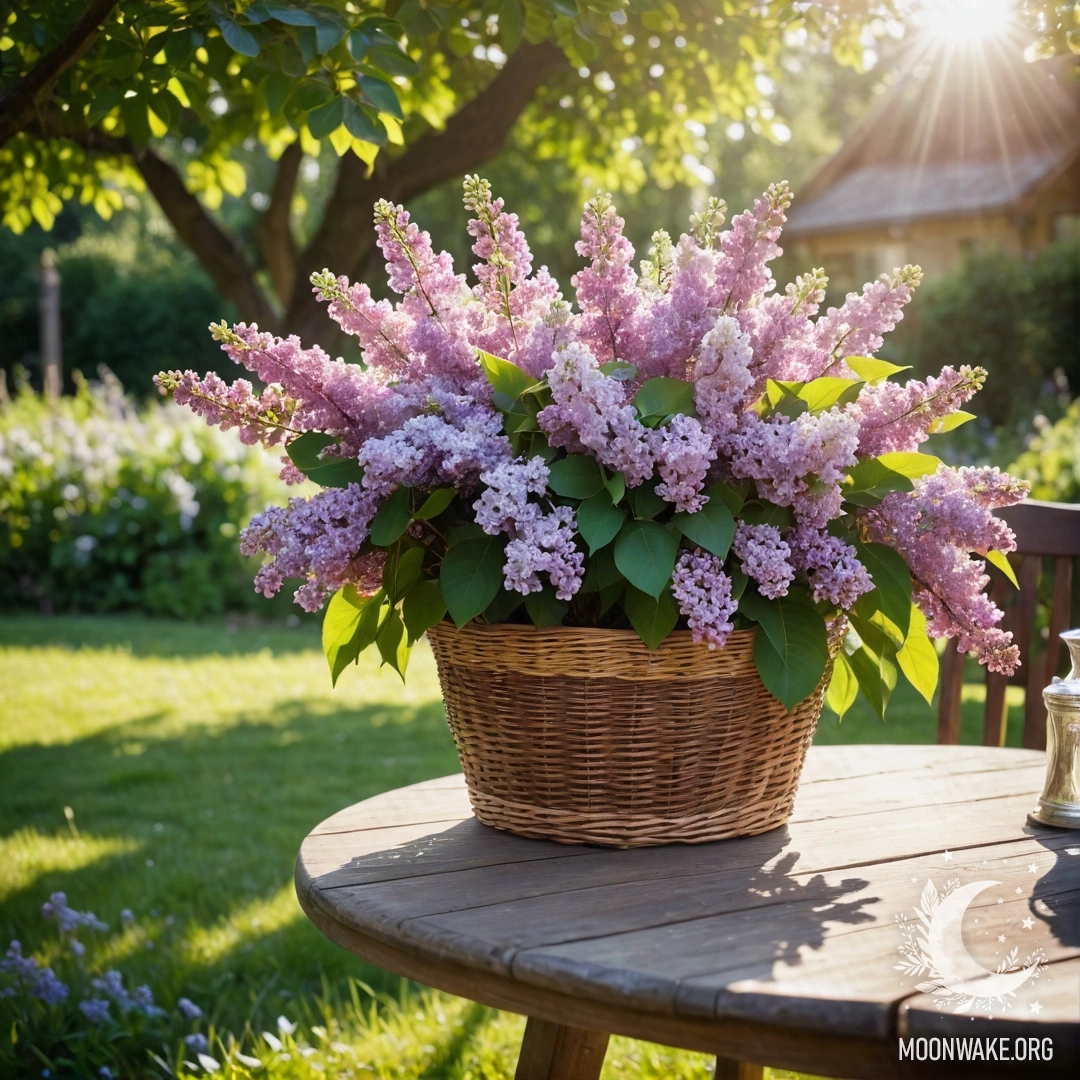 A wooden table surrounded by lilacs basking in sun rays in a garden.