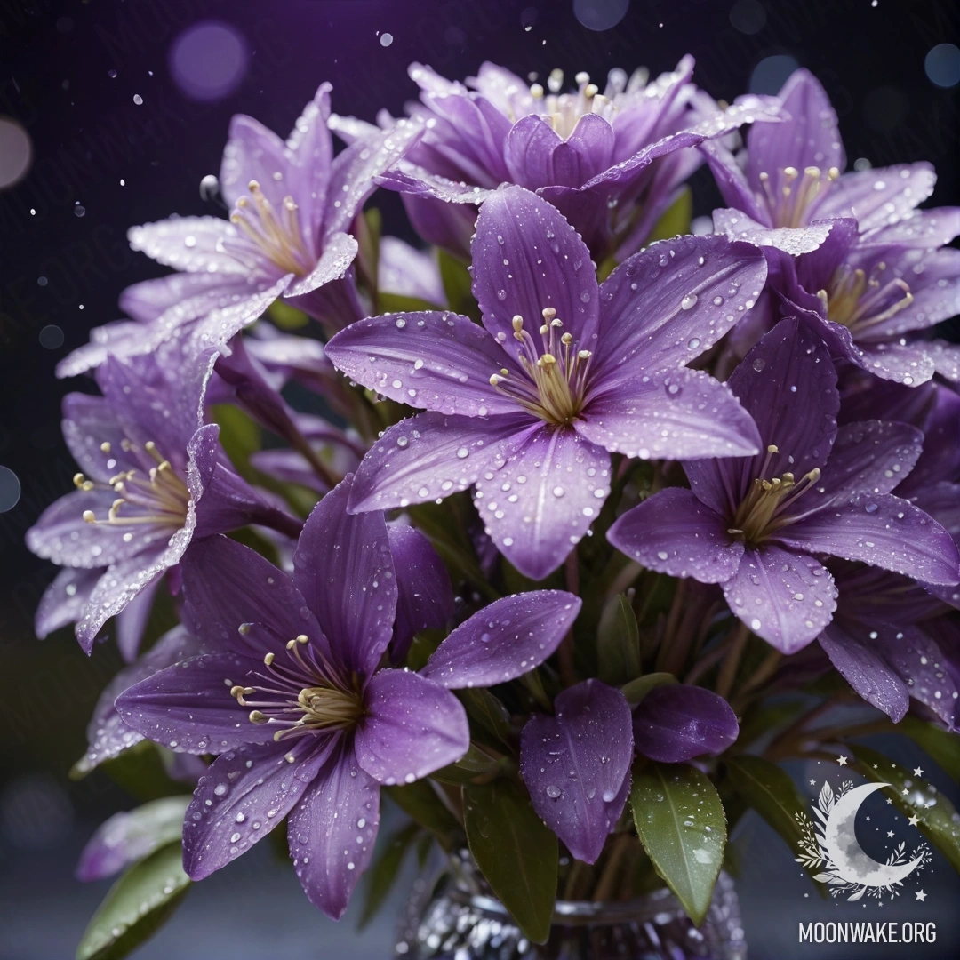 Calm Violet Bouquet with Dew Drops at Night A serene bouquet in olive color adorned with dew drops under the night sky.
