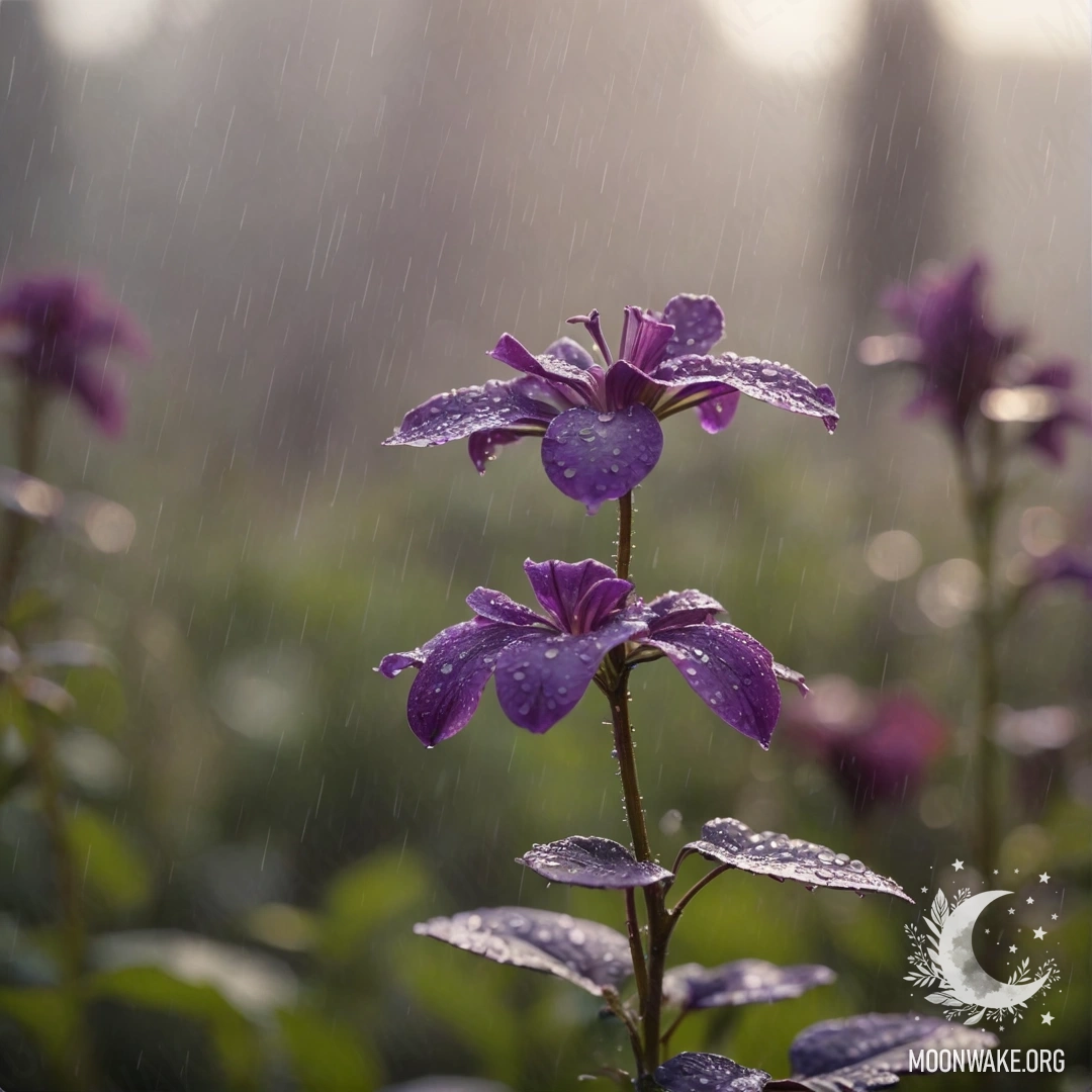 A serene violet scene shrouded in mist and rain, illuminated by rays of sunlight.