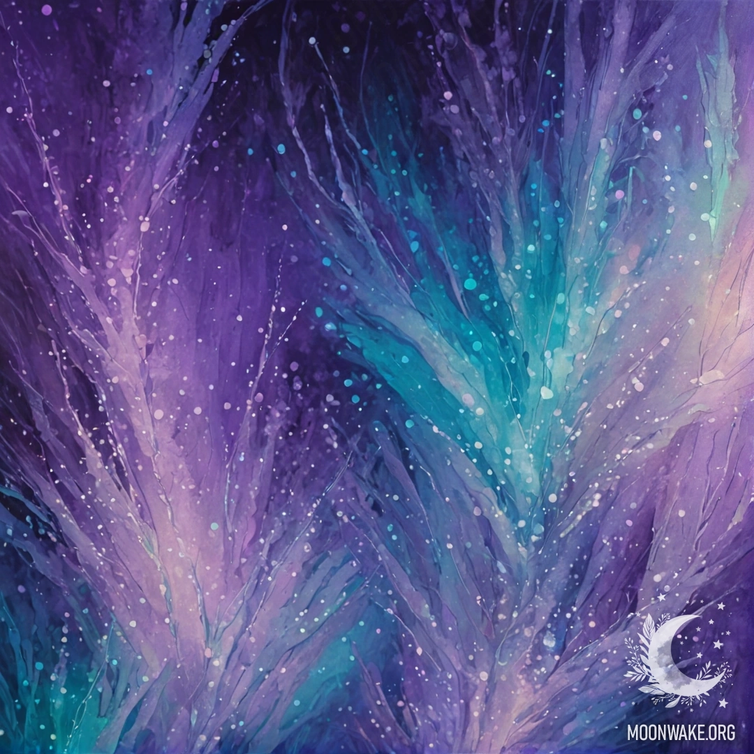 A serene night scene with violet and aquamarine patterns.