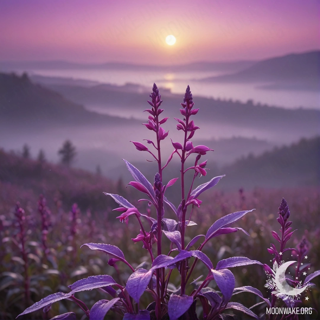 A serene landscape of violet mist during sunset, sprinkled with fuchsia glitter.