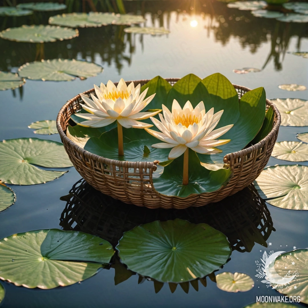 Calm Water Lily at Sunset A serene water lily with a web resting in a green basket at sunset.