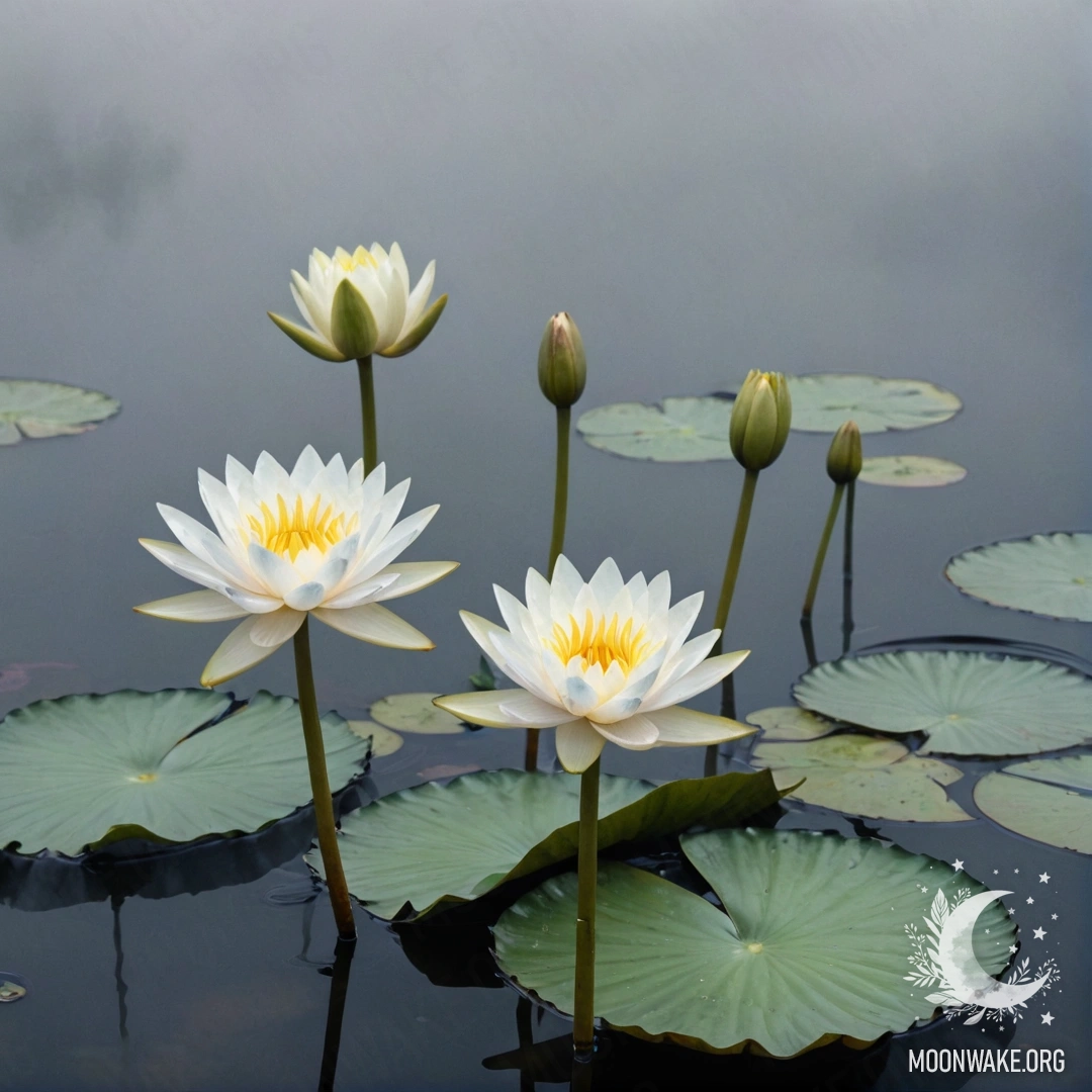 A serene image featuring a calm water lily surrounded by fog and soft waves.
