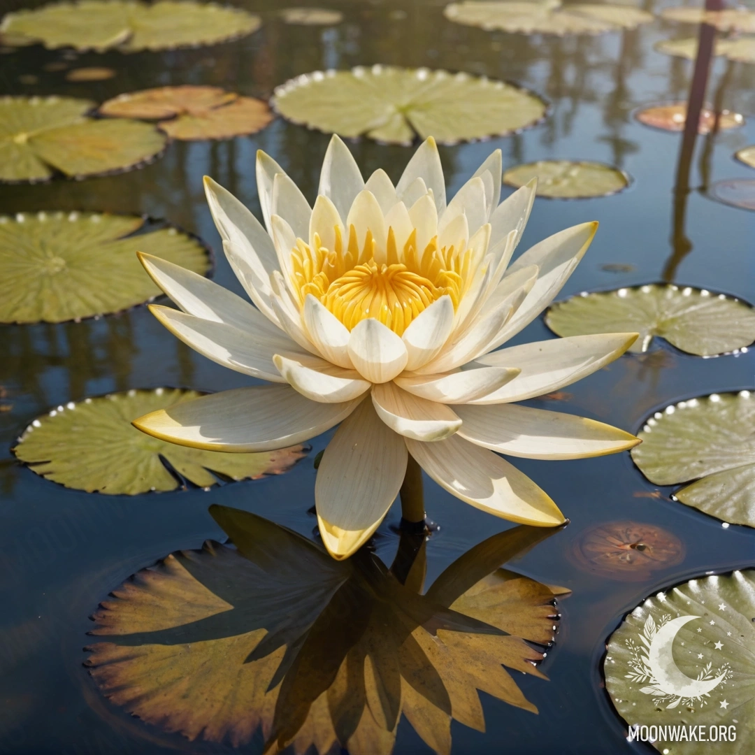 A serene water lily surrounded by delicate golden rays of sunlight.