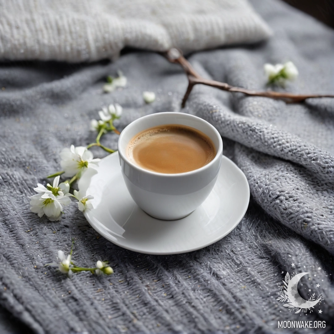 A close-up view of a calm white chair with a gray knitted blanket, a book, a branch of white flowers, and a cup of coffee on a rainy day.