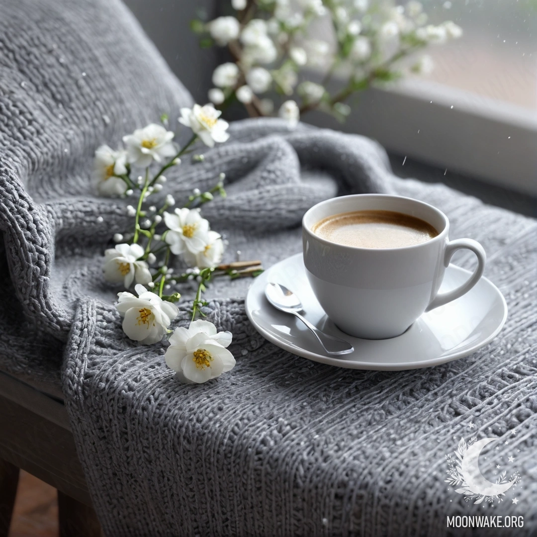 A calm white chair with a gray knitted blanket, a book, a white cup of coffee and a branch with white flowers, all under rain.