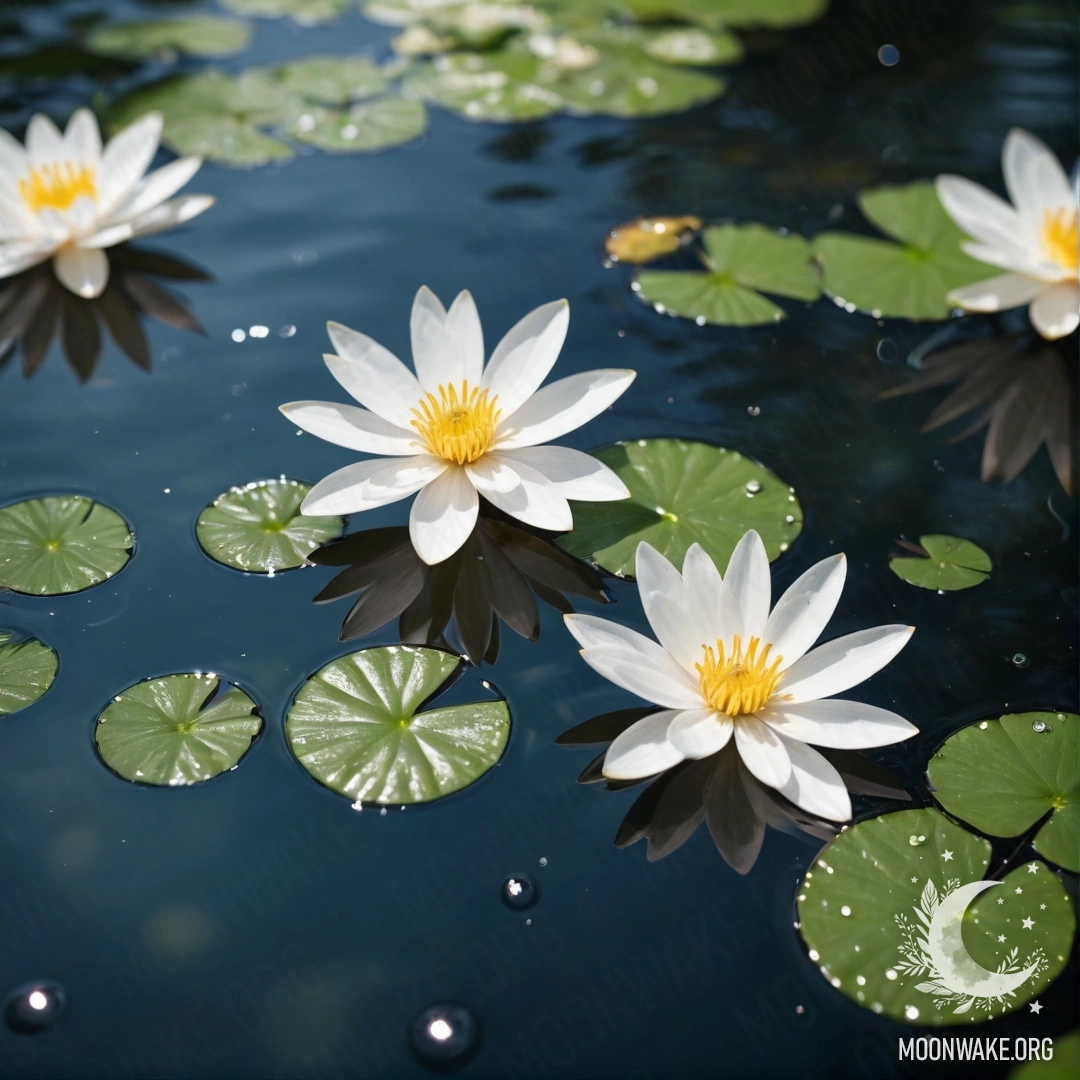 White flowers floating serenely on a calm water surface, reflecting light.