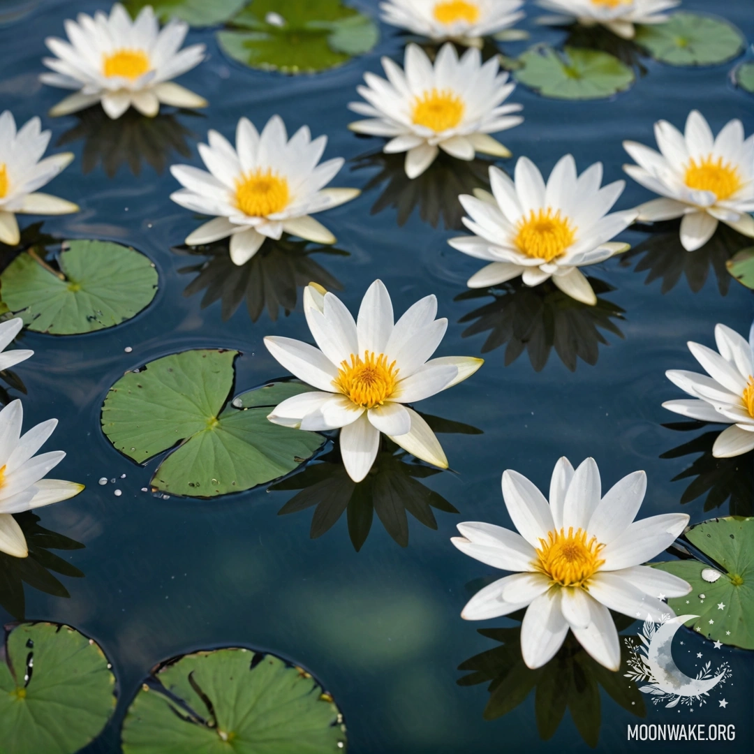 Photorealistic image of calm white flowers floating on a water surface, blurred by a lens effect.