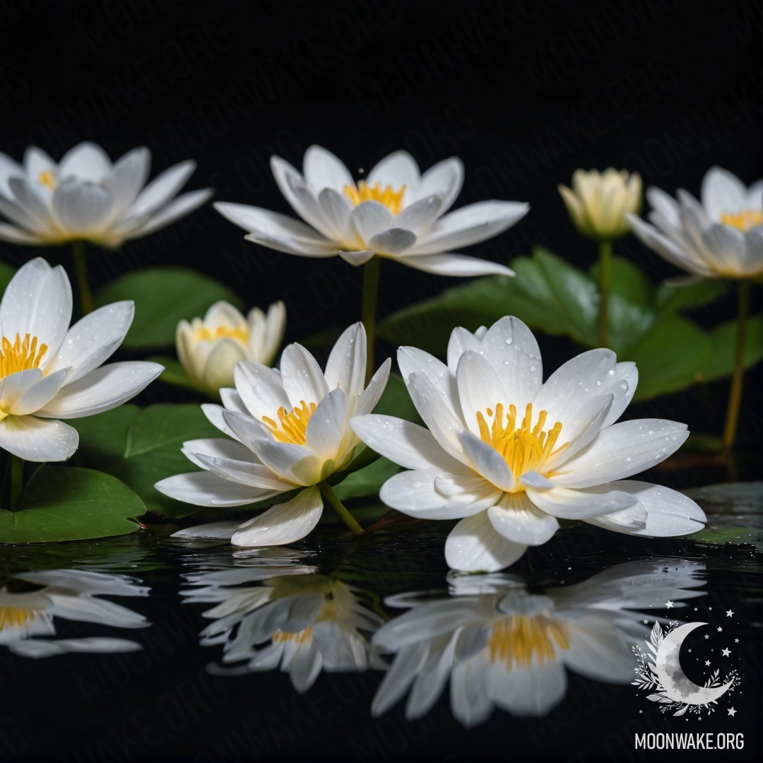 A serene night scene with delicate white flowers floating on a still water surface, reflecting the moonlight.
