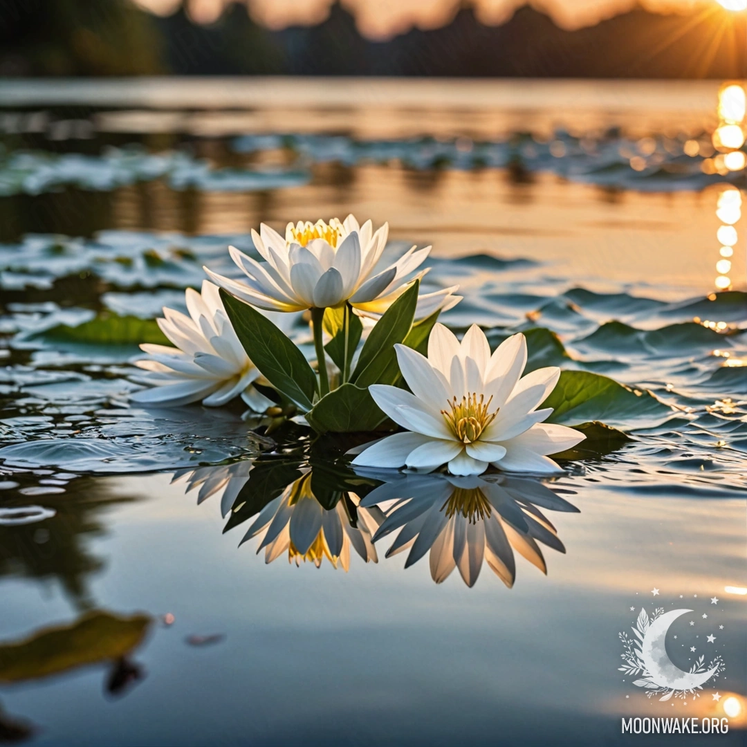 A serene scene of delicate white flowers floating on the water surface at sunset.