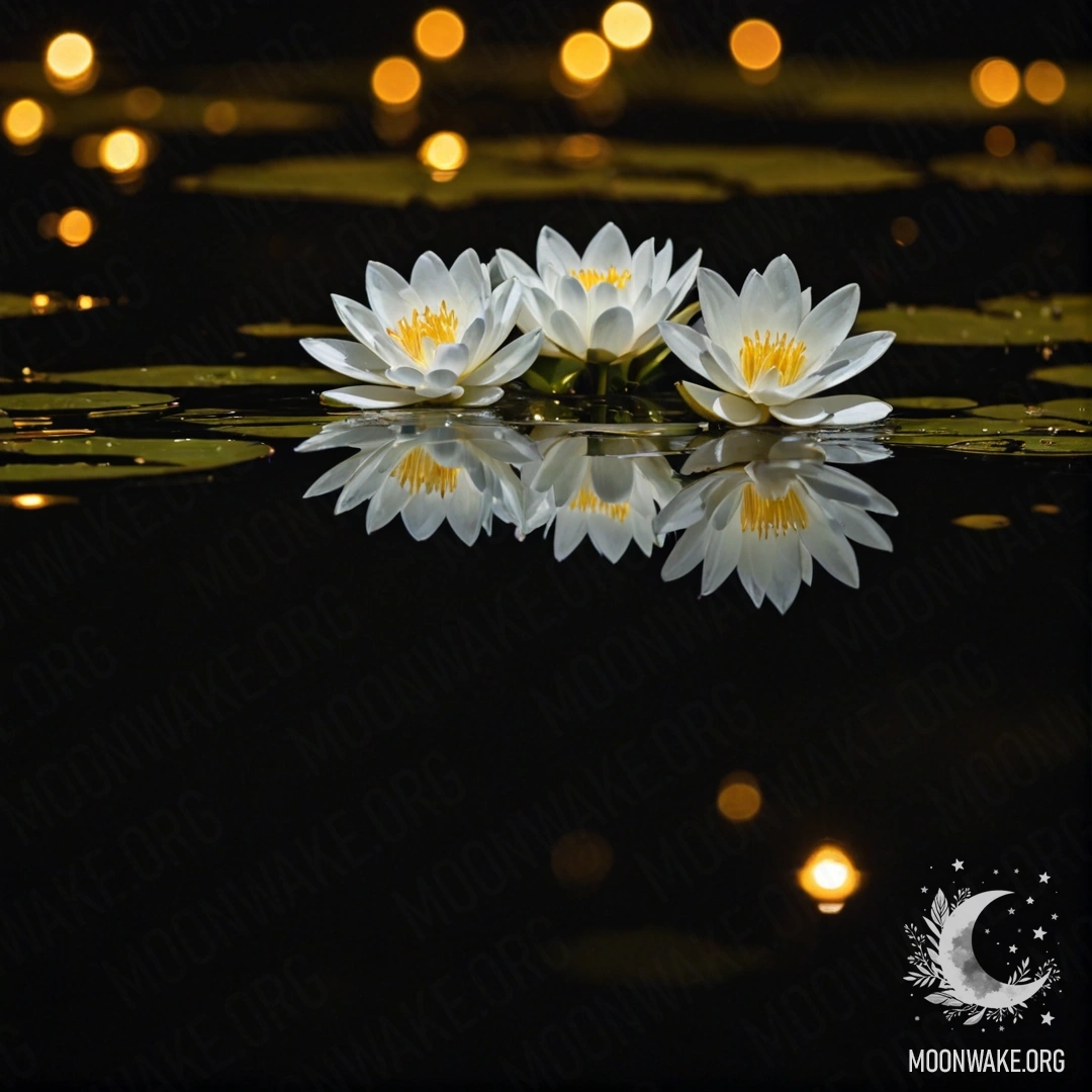 Calm White Flowers on Water at Night Delicate white flowers floating serenely on a dark water surface at night.